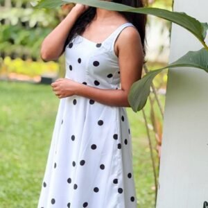 Monochrome Polka Dot Midi Dress with Lace Hem