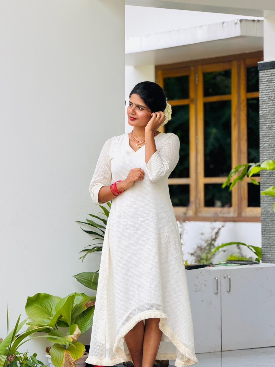 Ivory Net Cotton High-Low Dress with Fringe Hem