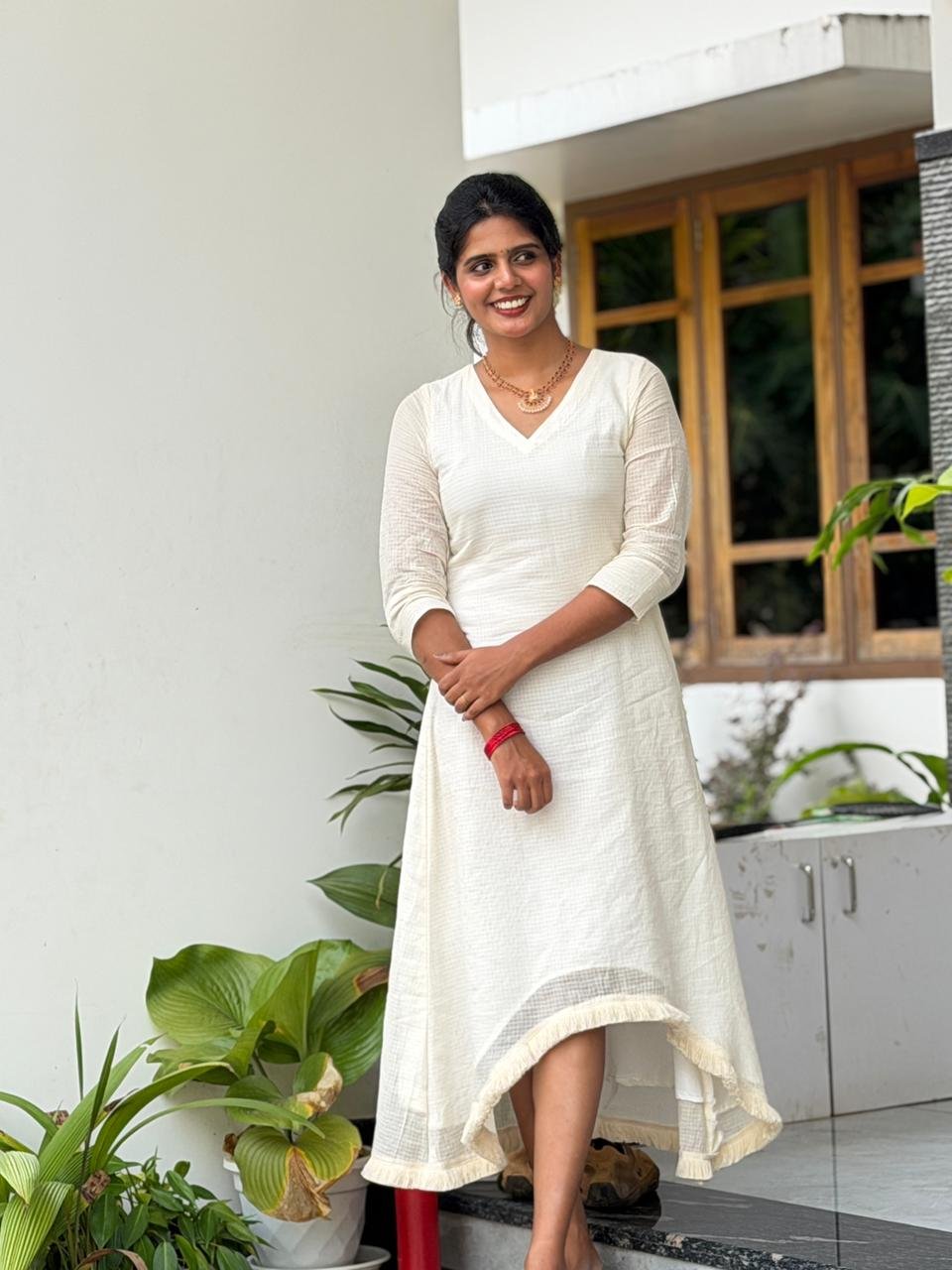 Ivory Net Cotton High-Low Dress with Fringe Hem - Image 2