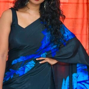 Electric Blue Leaf Print Crepe Silk Saree
