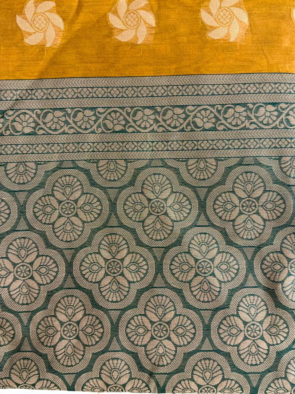 Premium Cotton Silk Floral Weave Saree – Sage Green & Mustard Gold