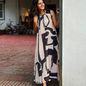 Abstract Monochrome High-Low Maxi Dress