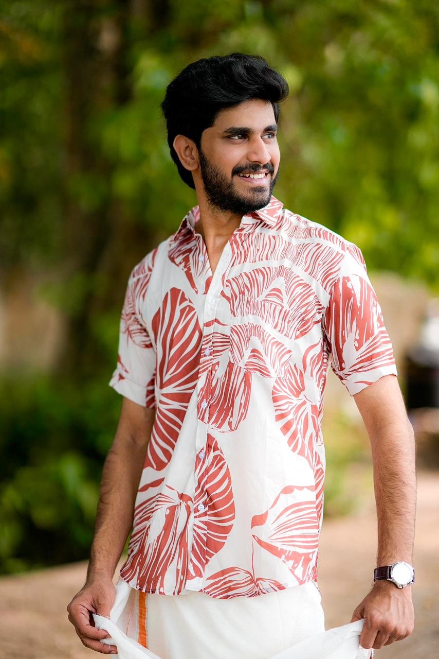 Monstera Leaf Printed Shirt-Coral - Image 2