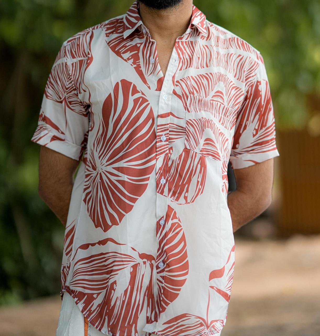 Monstera Leaf Printed Shirt-Coral - Image 4