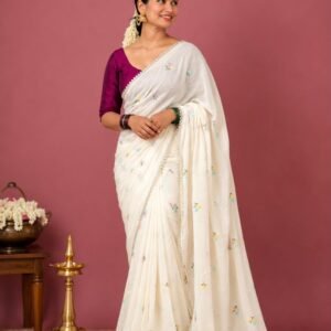 Off-White Floral Embroidered Mul Cotton Saree