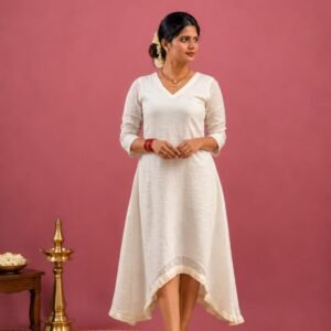 Ivory Net Cotton High-Low Dress with Fringe Hem
