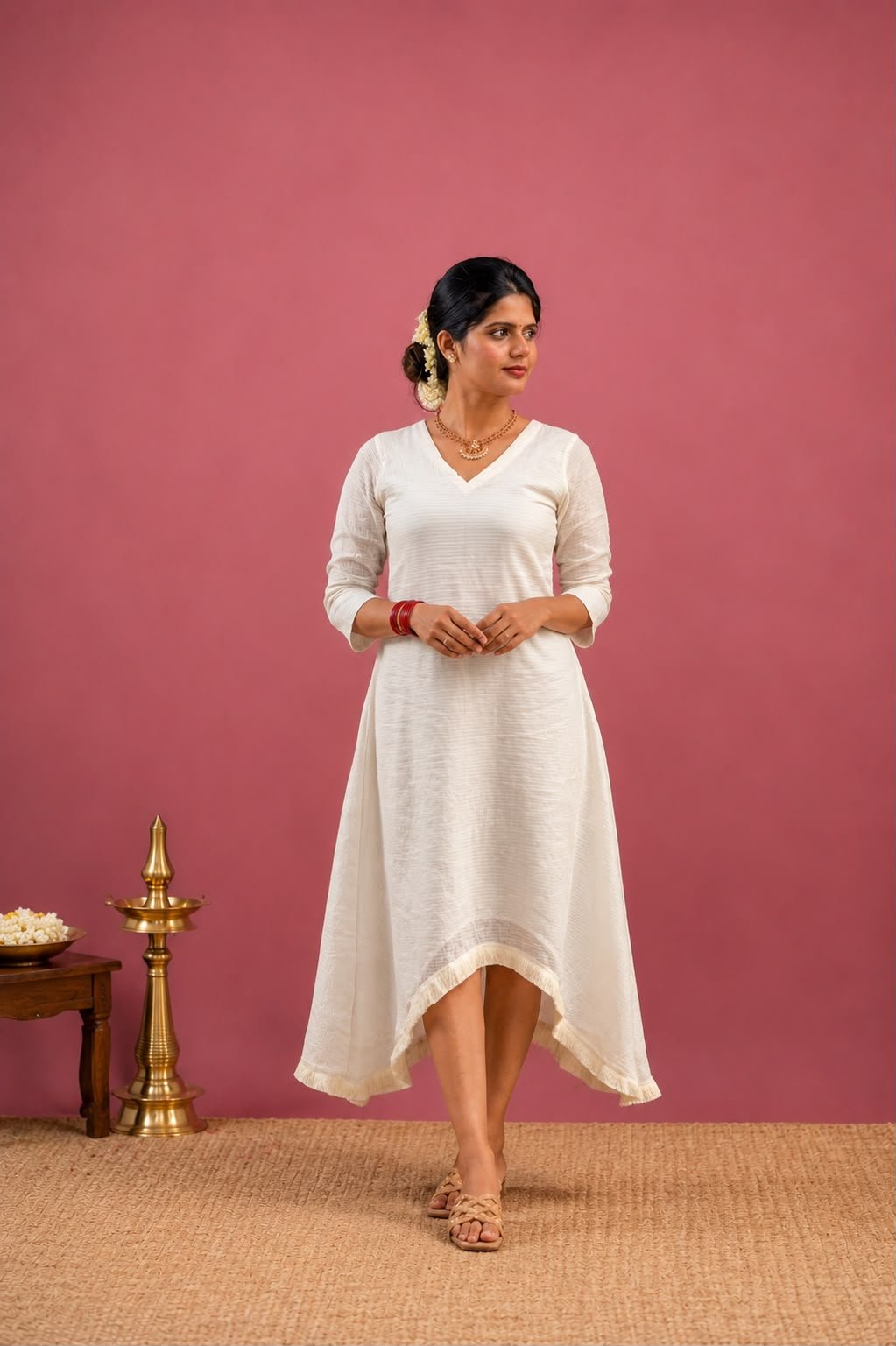 Ivory Net Cotton High-Low Dress with Fringe Hem