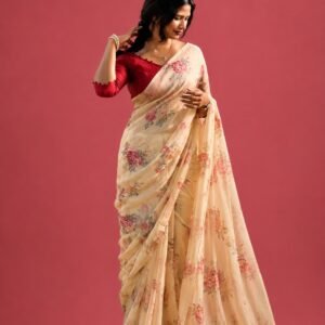 Pale Yellow Floral Garden Viscose Jute Saree