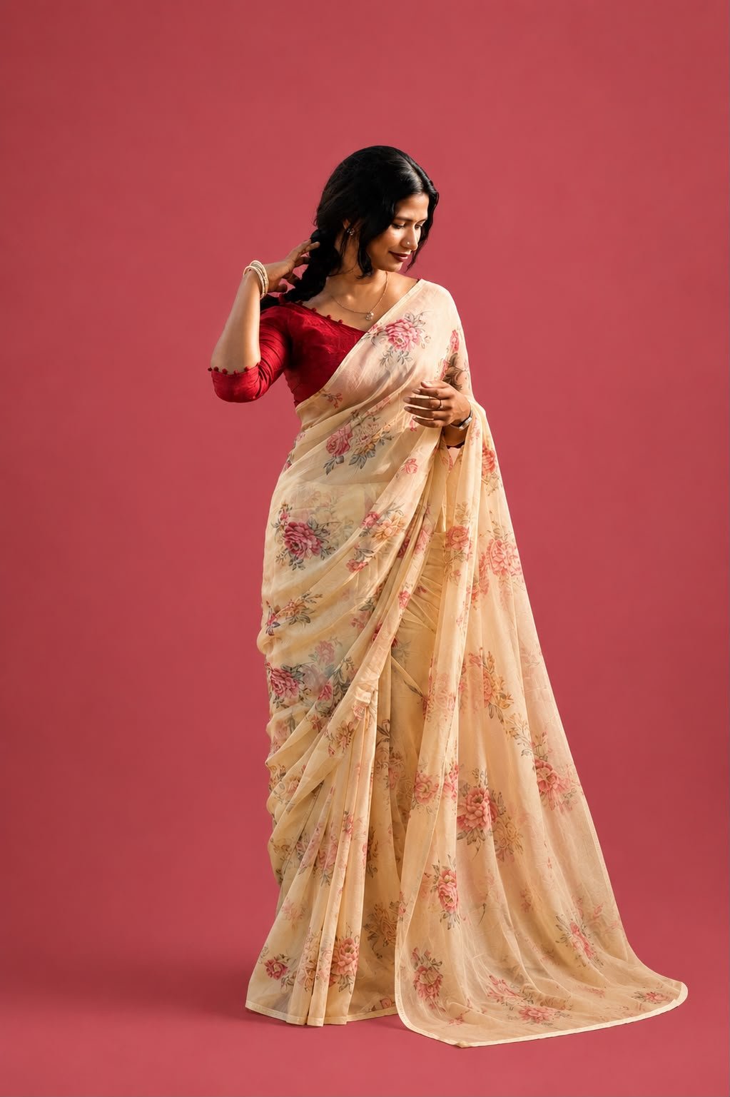 Pale Yellow Floral Garden Viscose Jute Saree