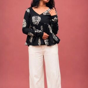 Black Floral Cotton Peplum Top