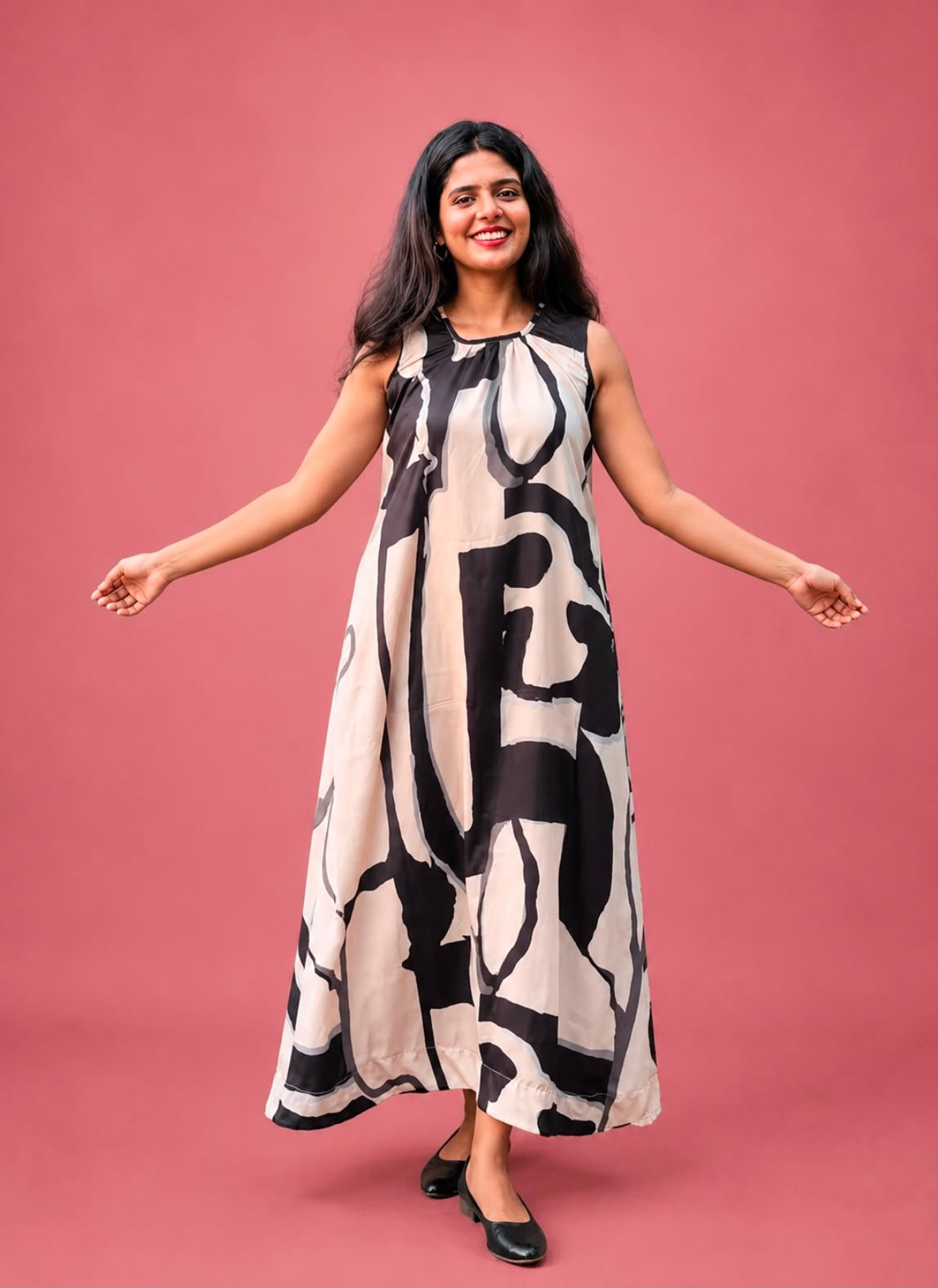Abstract Monochrome High-Low Maxi Dress