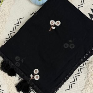 Black Floral Embroidered Mul Cotton Saree