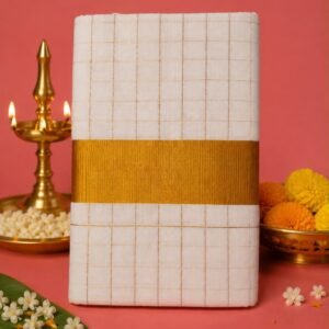 Pure Cotton Off White Golden Check Kerala Saree