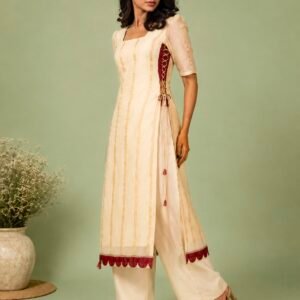 Onam Soft Tissue Maroon Side-Tie Kurti