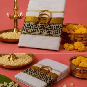 Cotton Off White Black & Golden Paisley Motif Saree